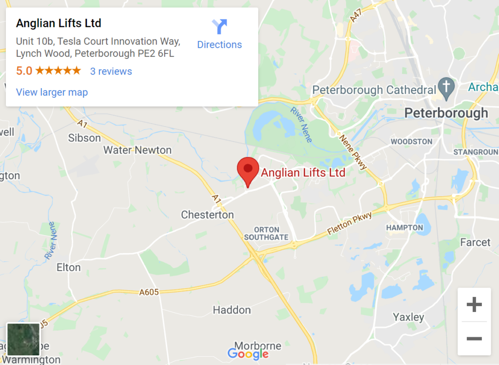 Map of the location of Peterbrough Stairlifts installer Anglian Lifts Ltd at Unit 10b, Tesla Court Innovation Way, Lynch Wood, Peterborough PE2 6FL