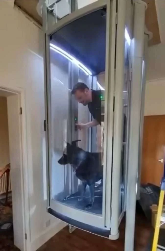 Anglian Lifts' Phil Rice in a Stiltz lift with a customer's dog